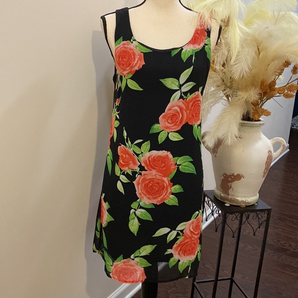 Want and Need Sz Small Black + Roses Evening Midi Dress EUC